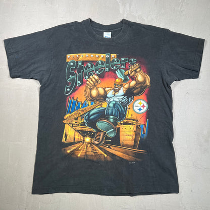 1994 Pittsburgh Steelers Steel Worker Black Tee Size Large USED v19246