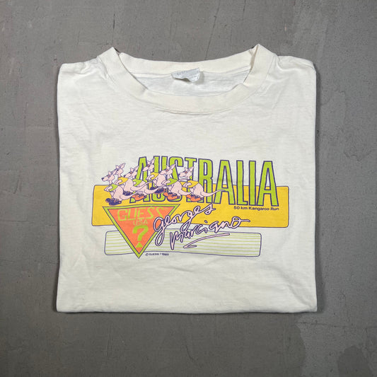 1989 Guess Australia Kangaroo Run White Tee Size Large USED v19178