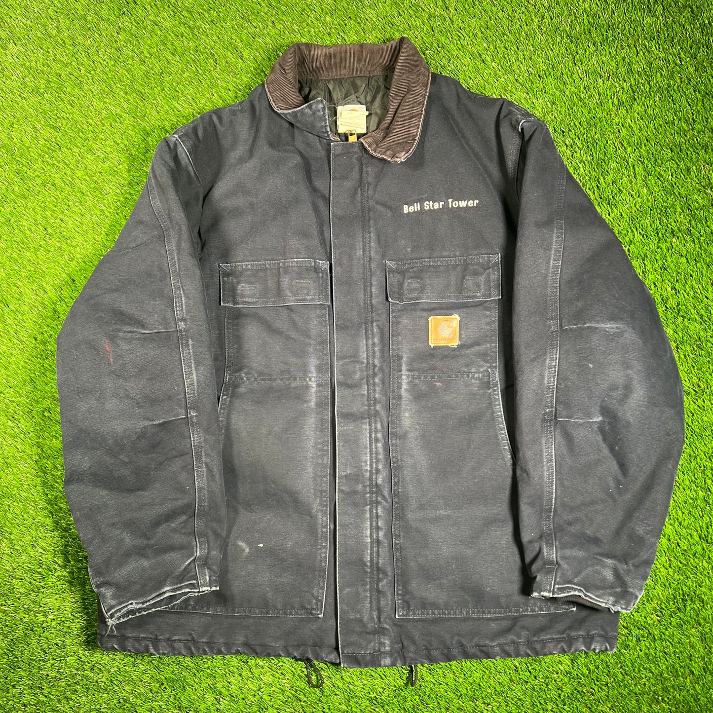 1990s Carhartt Bell Star Tower Workwear Navy Blue Jacket Size XL USED v18148