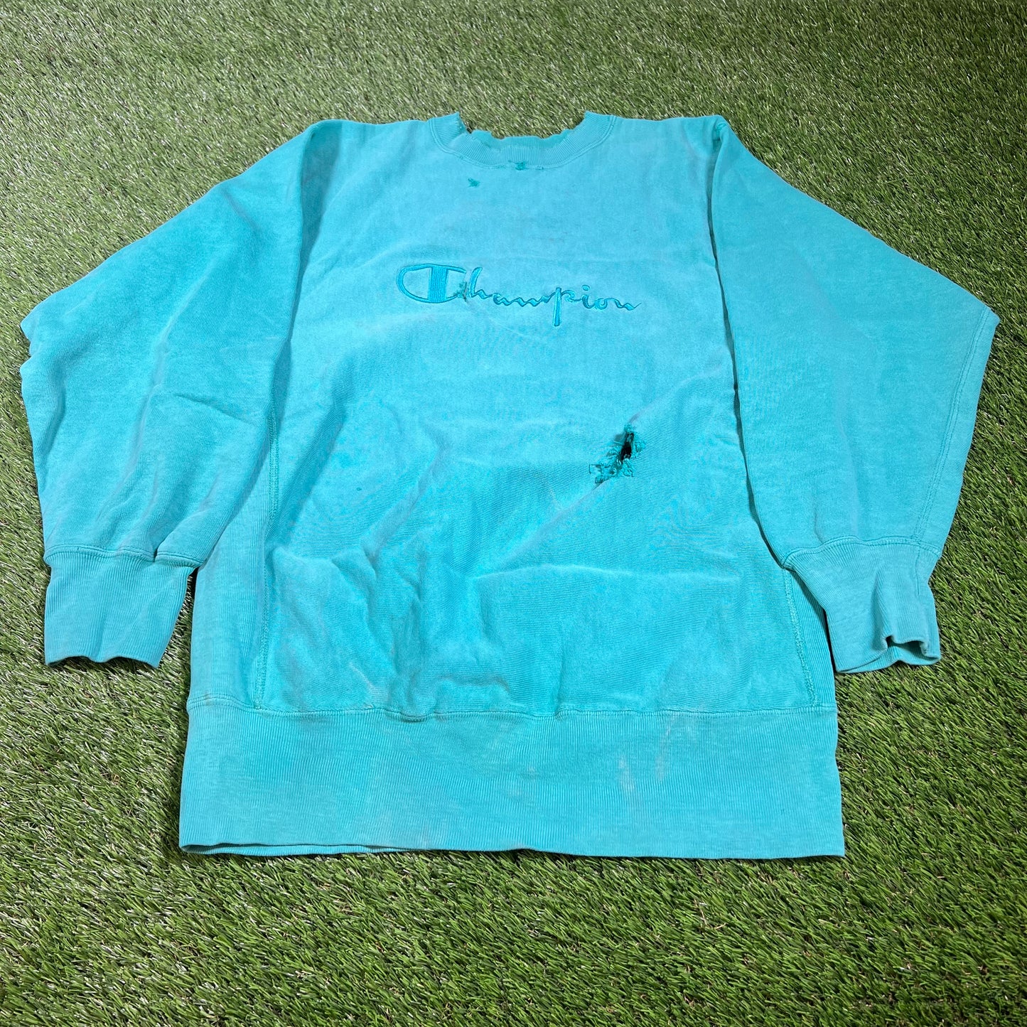 1990s Champion Teal Trashed Crewneck Size Large USED v16529
