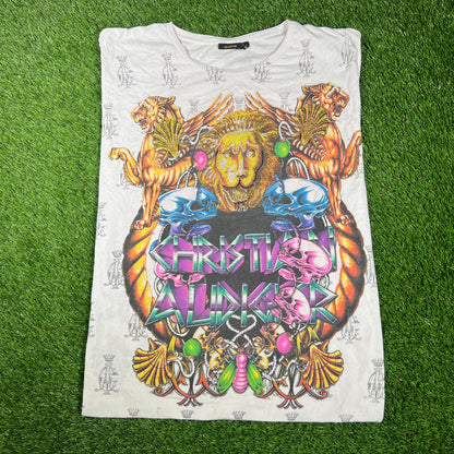 Y2K Christian Audigier Golden Lion White Tee Size 4XL USED v17433