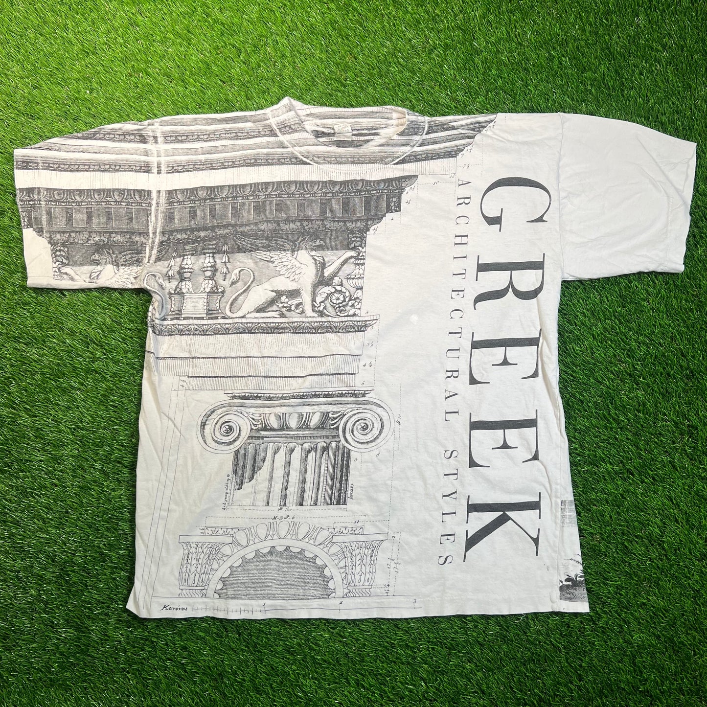 1990s Greek Architectural Styles AOP Grey Tee Size Medium USED v18817