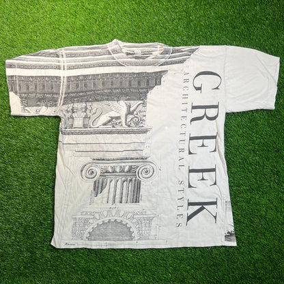 1990s Greek Architectural Styles AOP Grey Tee Size Medium USED v18817