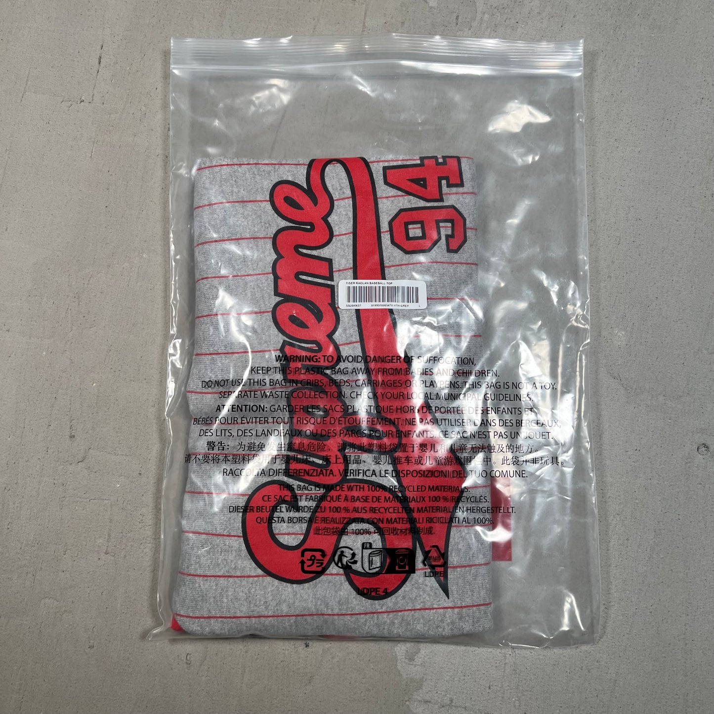 Supreme Tiger Raglan Grey/Red Baseball Jersey Longsleeve Size Large NEW x17428