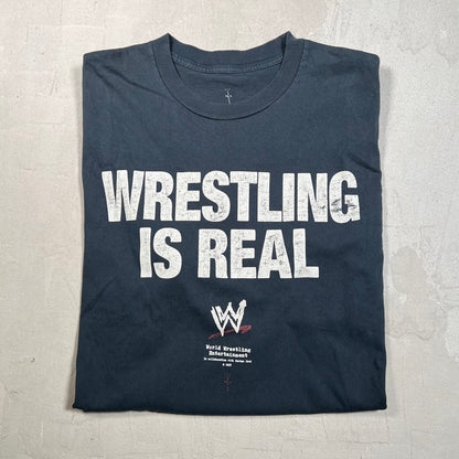 WWE Travis Scott "Wrestling Is Real" Navy Tee Size Large USED x17511