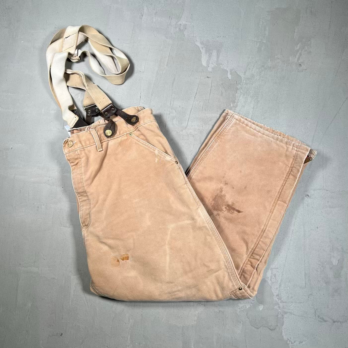 1990s Carhartt Beige Red Quilted Lined Workwear Pants w/ Suspenders Size 38 USED v20088