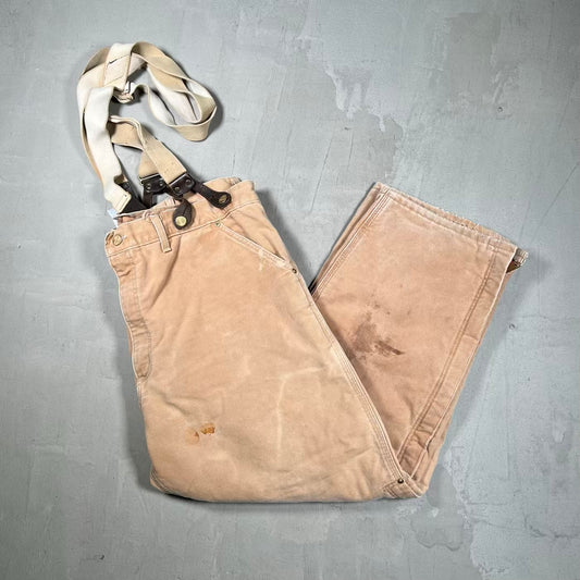 1990s Carhartt Beige Red Quilted Lined Workwear Pants w/ Suspenders Size 38 USED v20088
