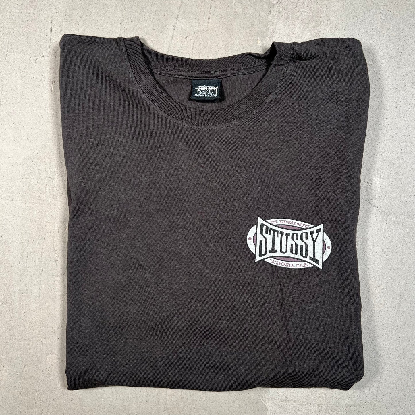 Stussy California Dark Grey Logo Tee Size Large USED x17504