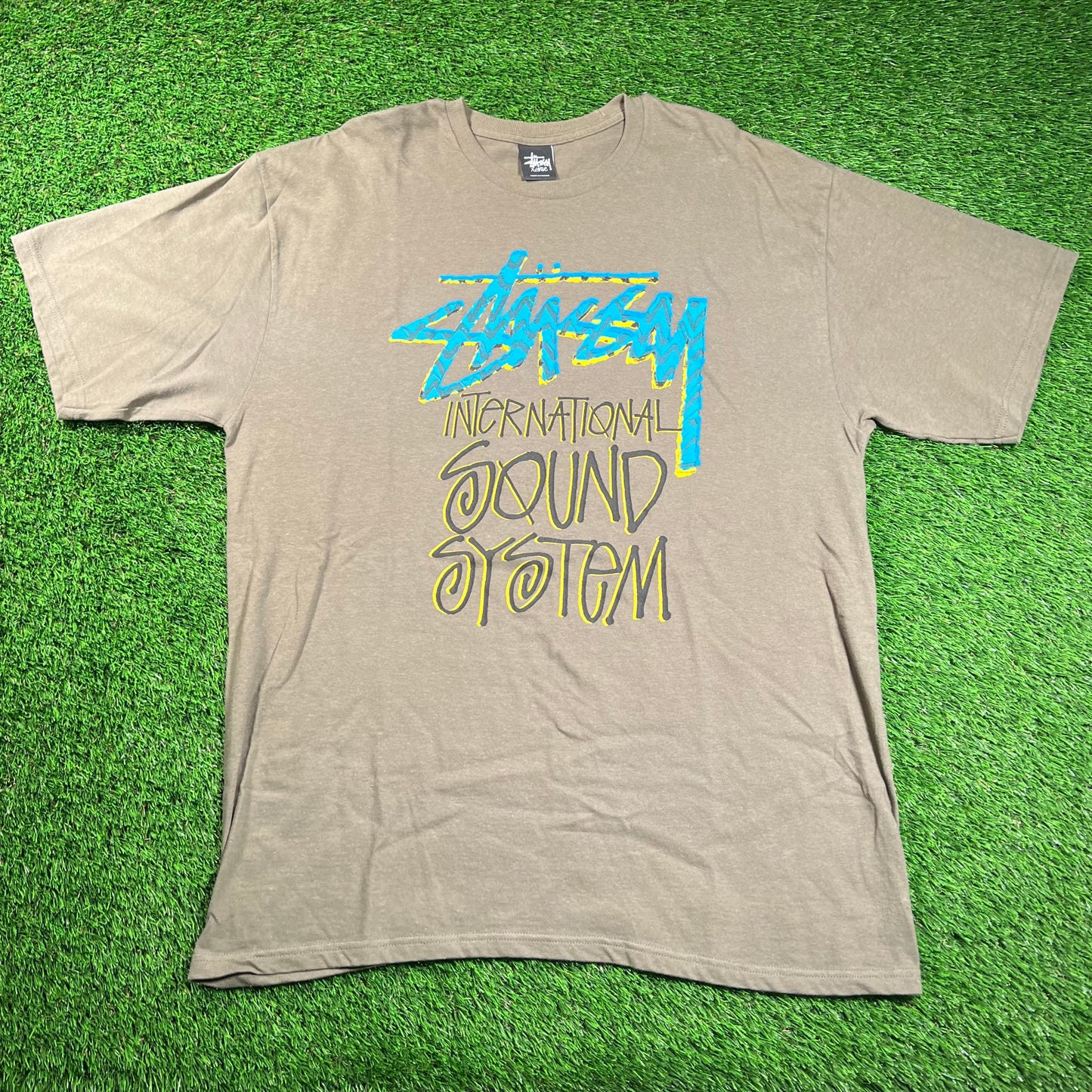Y2K Stussy Olive International Sound System Tee Size XL USED x16475