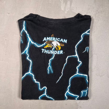 1990s American Thunder Native American AOP Black Tee Size Large USED v17917
