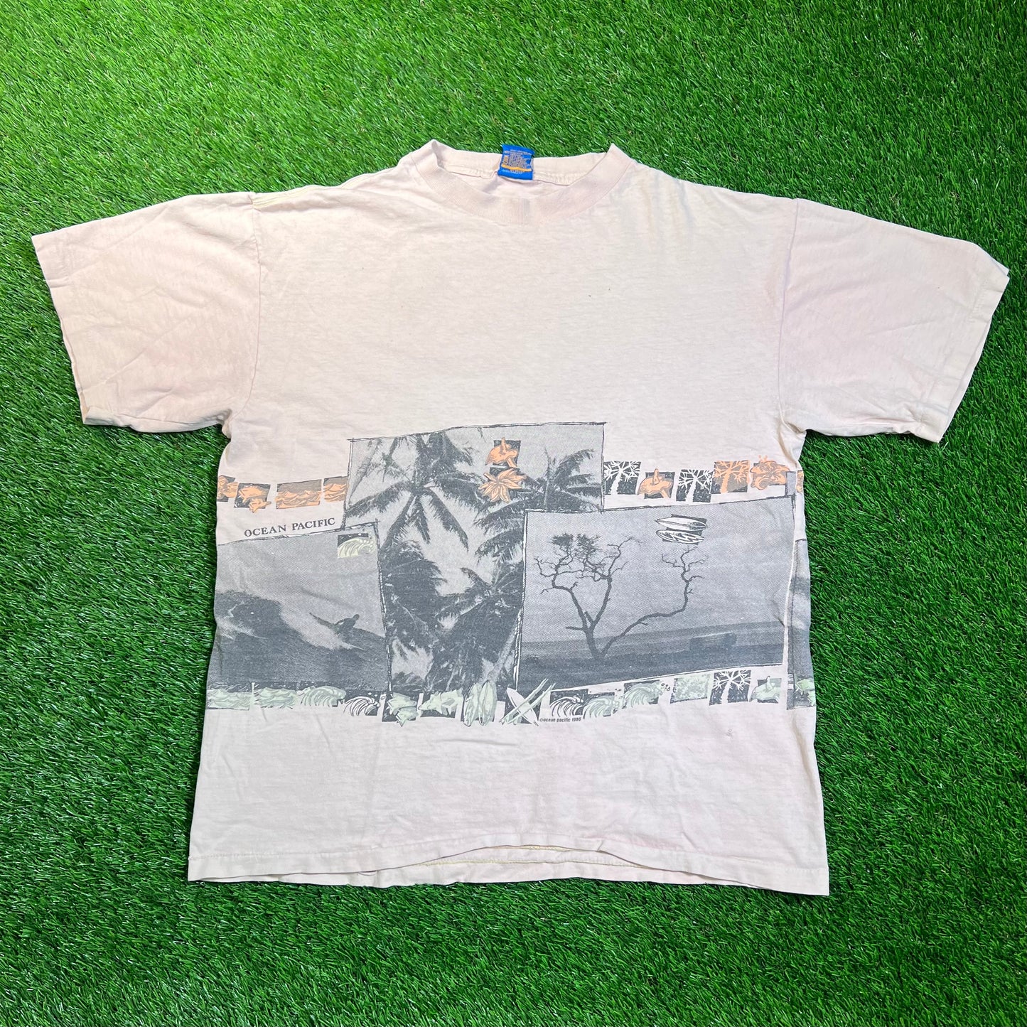 1986 Ocean Pacific Photo Wrap Pinkish Tee Size Large USED v18815