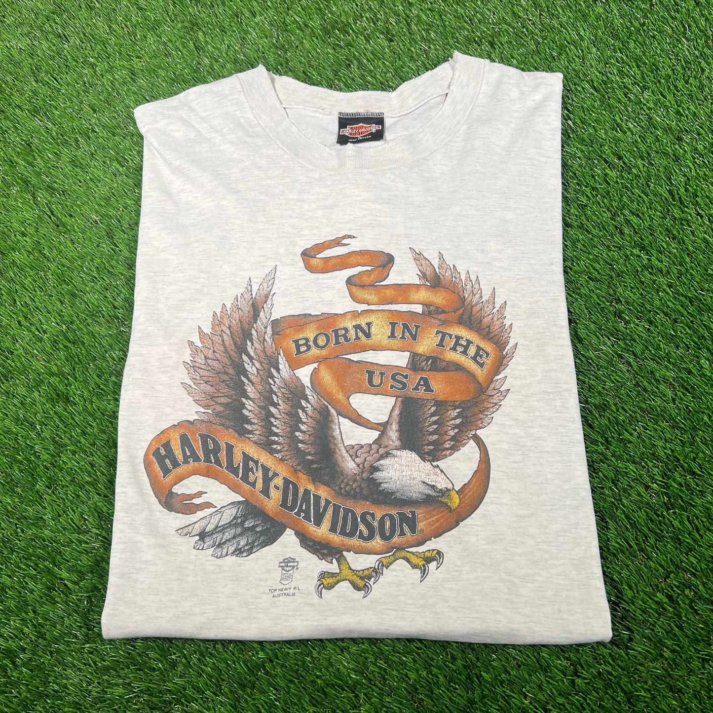 1990s Harley Davidson "Born in the USA" Light Grey Tee SIze Large USED v18032