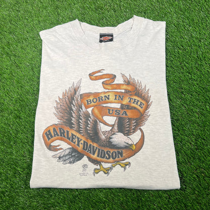 1990s Harley Davidson "Born in the USA" Light Grey Tee SIze Large USED v18032