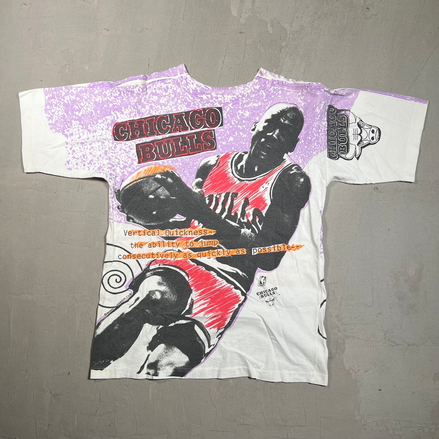 1990s Michael Jordan Magic Johnson Tag Full Print Purple/White Tee Size Small USED v5614