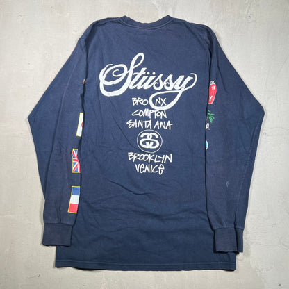 Y2K Stussy Navy World Tour Longsleeve Size Medium USED x17394