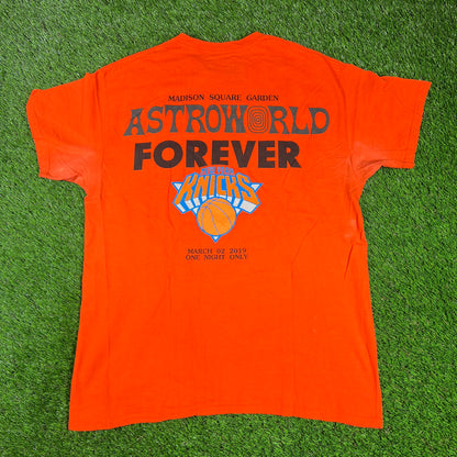 Travis Scott Astroworld Orange Knicks Tee Size Medium USED x14496