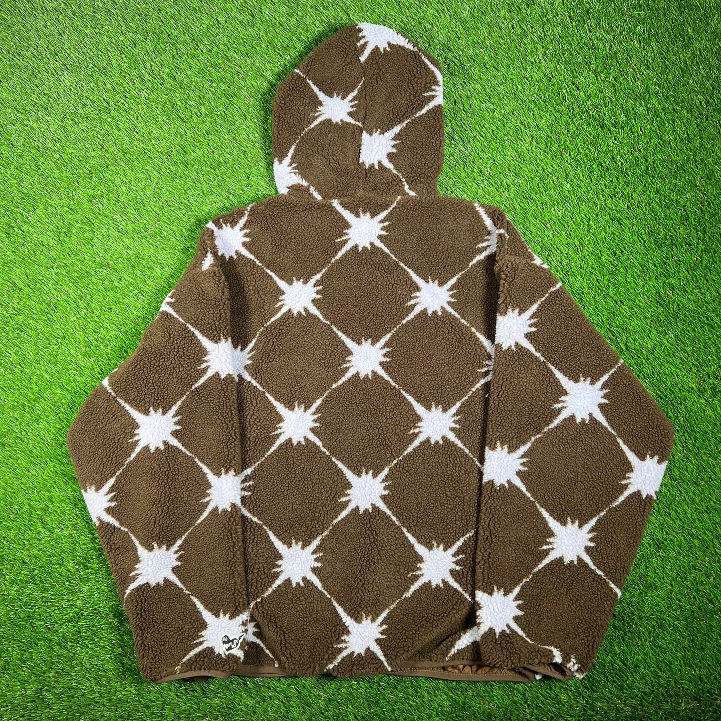 Billionaire Girls Club Brown AOP Deep Pile Fleece Hooded Jacket Size XL USED x15298