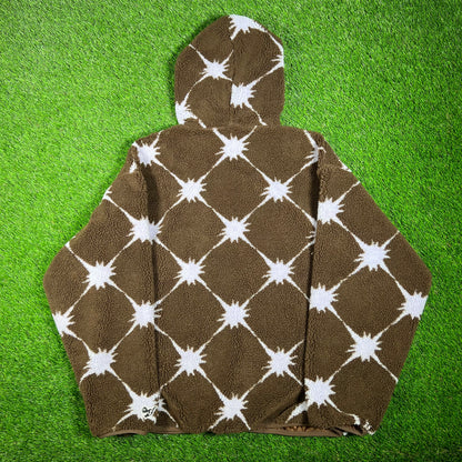 Billionaire Girls Club Brown AOP Deep Pile Fleece Hooded Jacket Size XL USED x15298