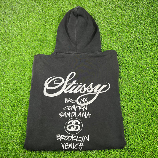 Y2K Stussy World Tour Black Hoodie Size Medium USED x14815