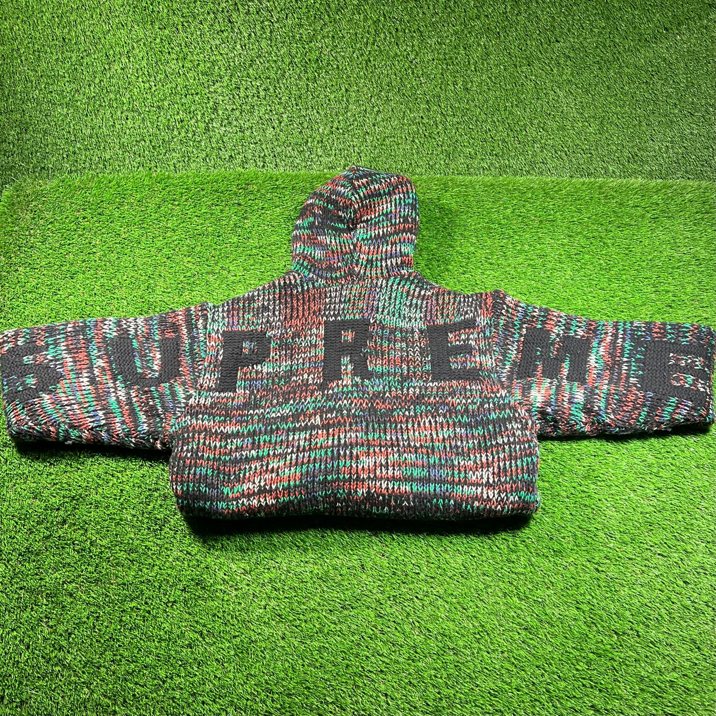 Supreme Faux Shearling Lined Multi Color Hooded Sweater Size Large USED x16414