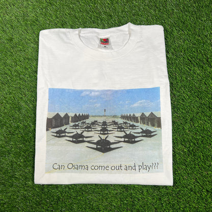 Y2K Osama Come Out And Play Fighter Jets White Tee Size Large USED v16746