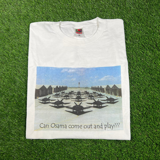Y2K Osama Come Out And Play Fighter Jets White Tee Size Large USED v16747