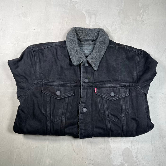 Levis Black Denim Fleece Lined Button Up Jacket Size XL USED v20366
