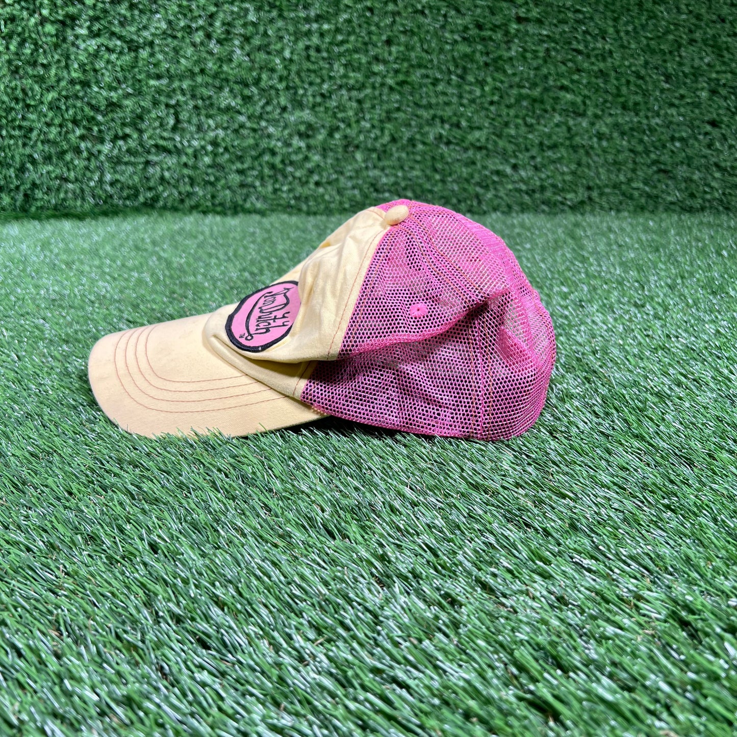 Y2K Von Dutch Yellow/Pink Trucker Snapback Hat USED v18121