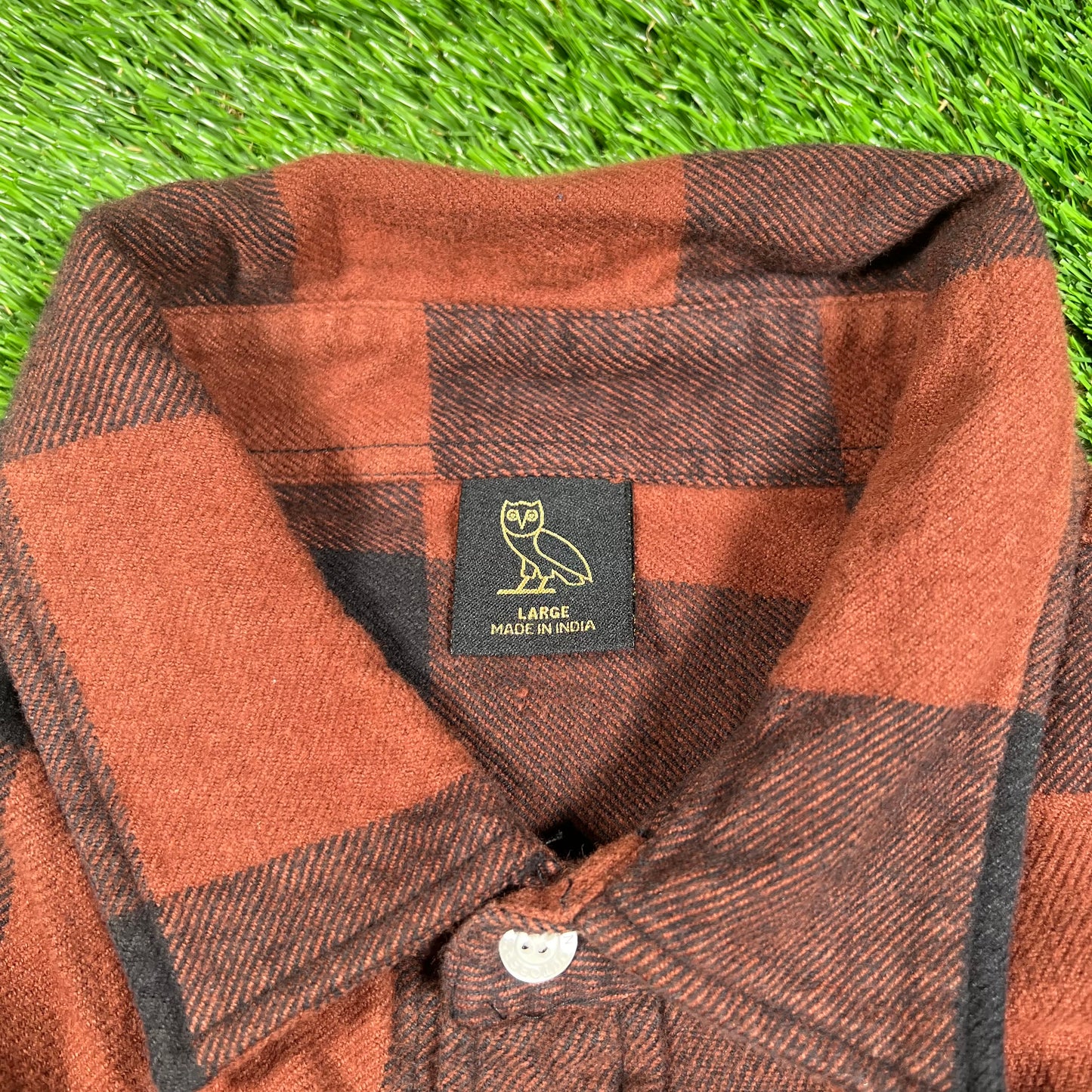 OVO Brown Buffalo Plaid Flannel Shirt Size Large USED x15566