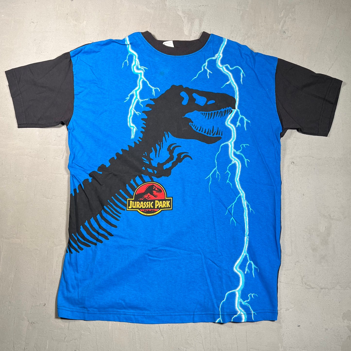 1994 Jurassic Park Full Print Front Side Blue Tee Size XL USED v15046