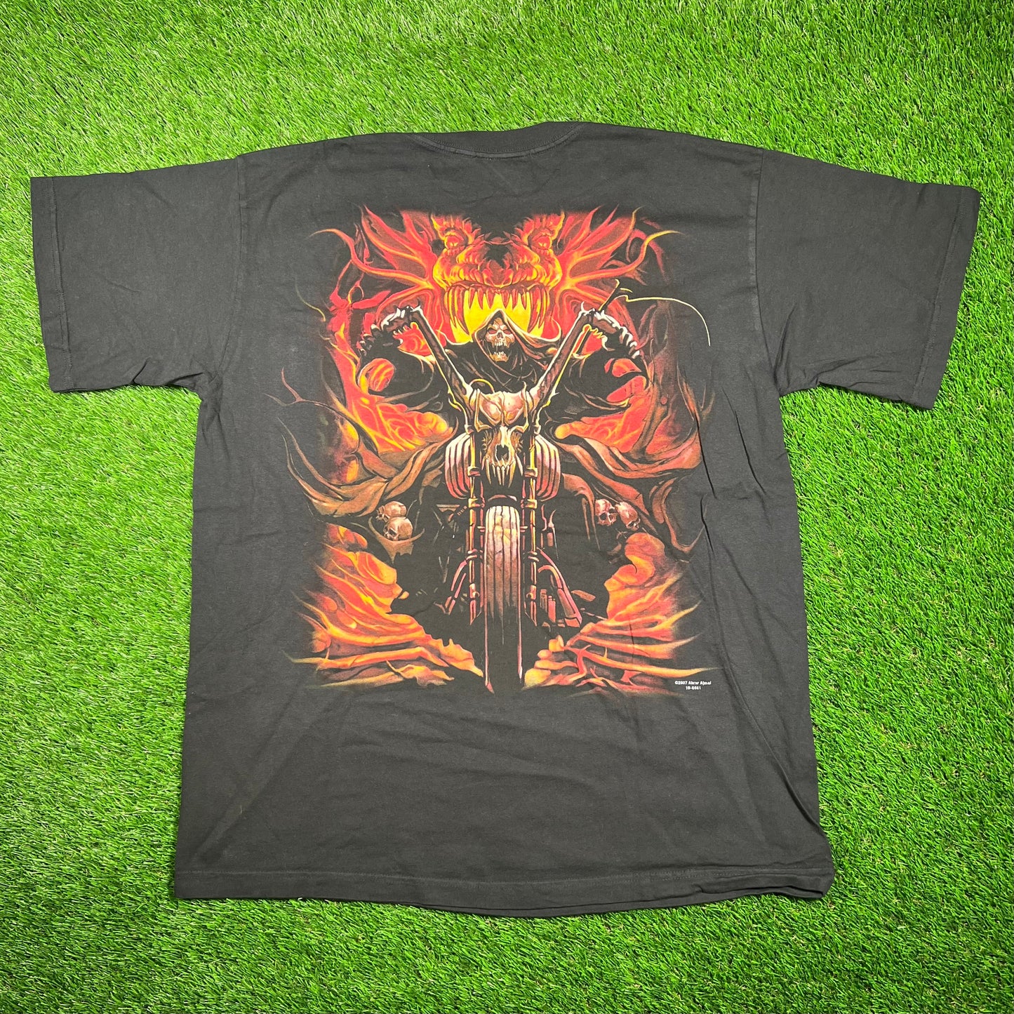 2007 Skull Bone Ghost Rider Flame Black Tee Size XL USED v18696