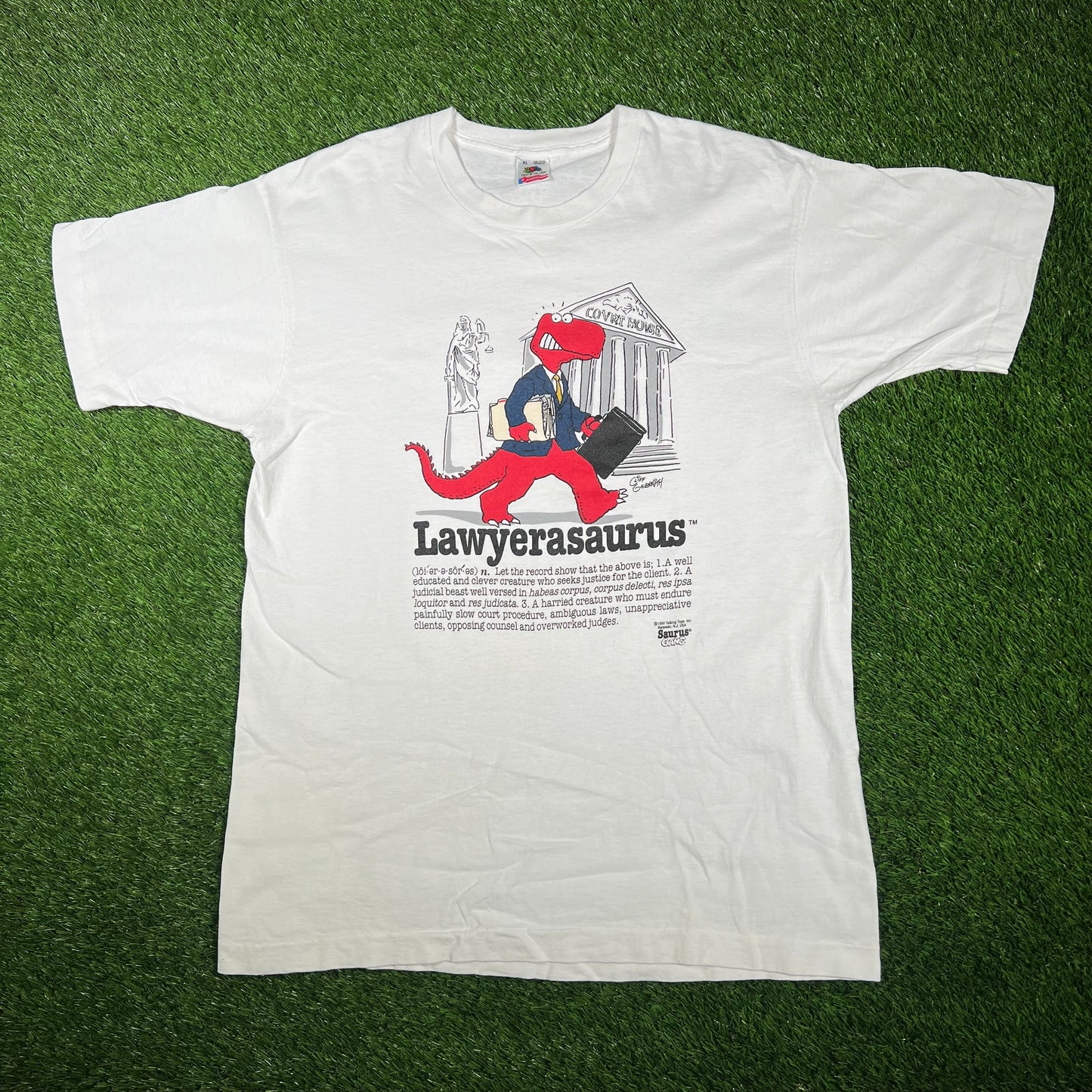 1990 Lawyerasaurus White Humor Tee Size XL USED v17336