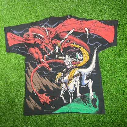 1993 Liquid Blue Dragon Knight AOP Black Tee Size Large USED v17915