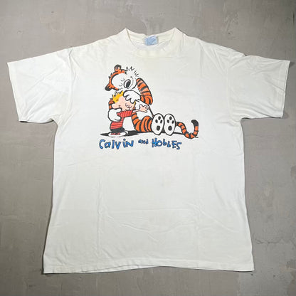 1990s Calvin and Hobbes Promo Cartoon White Tee Size XL USED v20209
