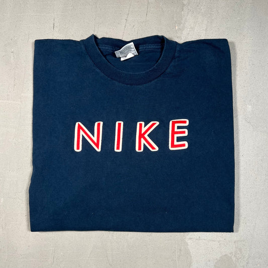 1990s Nike Stitched Spellout Logo Navy Blue Tee Size XXL USED v19020