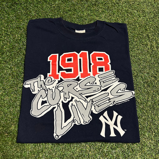 2003 Yankees The Curse Lives Navy Blue Tee Size Medium USED v16493
