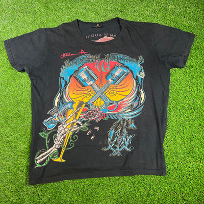 Christian Audigier Daydreamer Rhinestone Black Tee Size XXL USED v16649