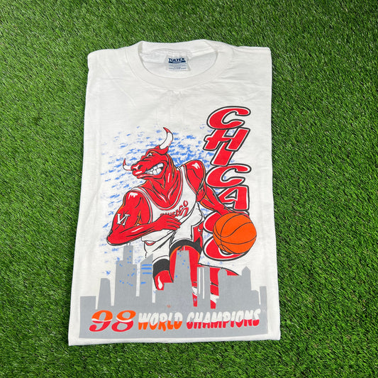 1998 Chicago Bulls Ripped Bull World Champs Tultex Tag White Tee Size XL USED v16733