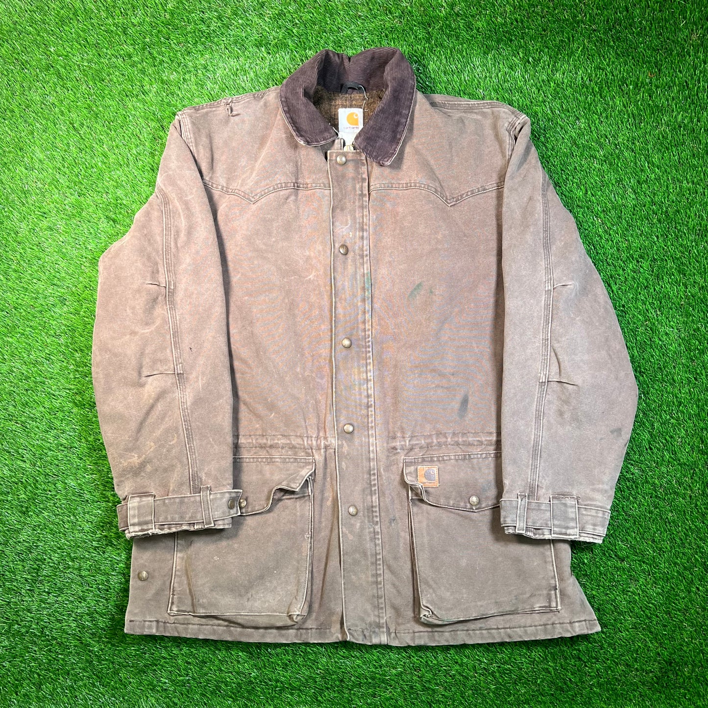 1990s Carhartt Western Blanket Lined Brown Field Jacket Size Large USED v18799
