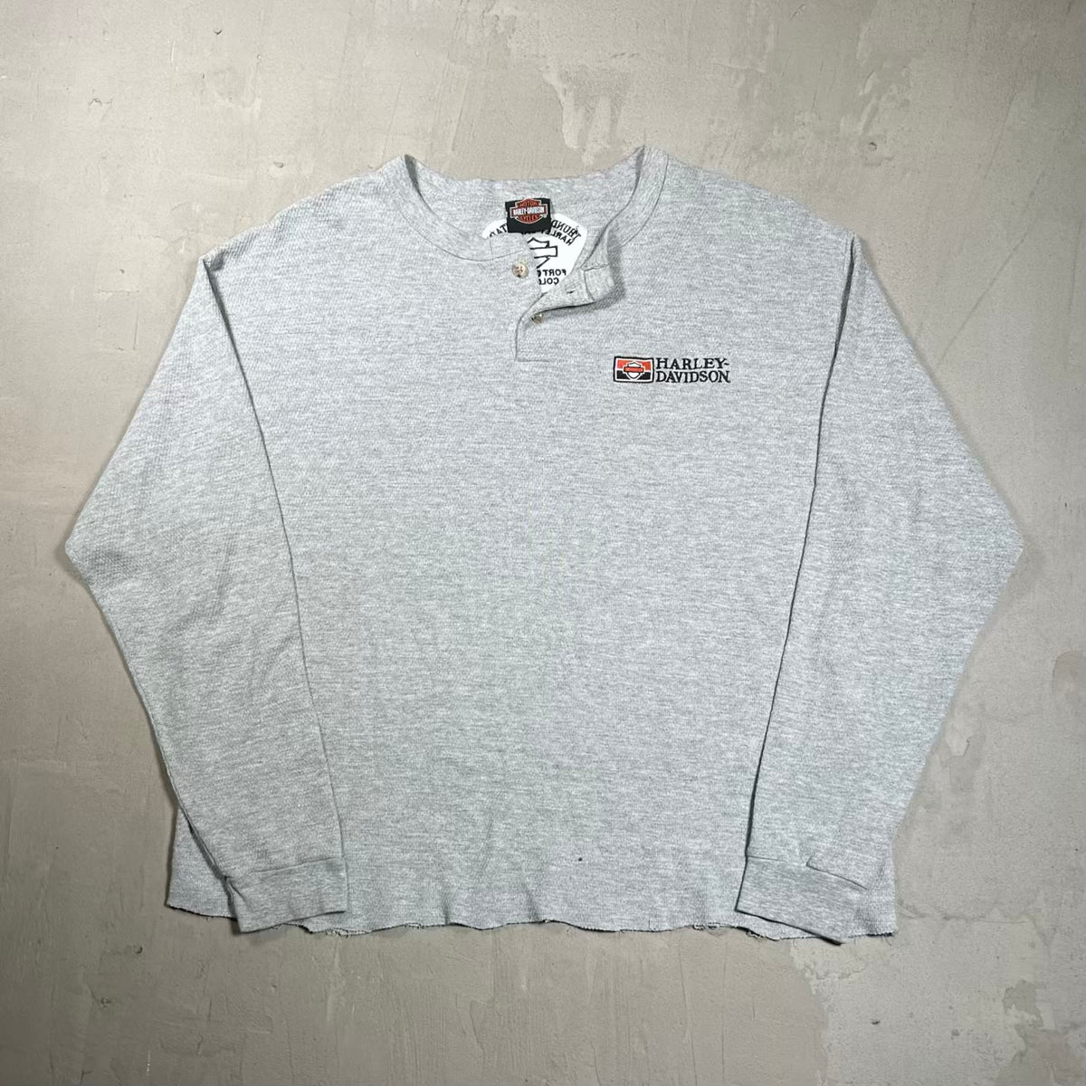 1990s Harley Davidson Grey Thermal Henley Cropped Size XL USED v20338