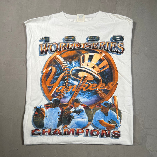 Evans Tag 1996 World Series Champions Gold Logo 3 Players White Tee Size XL USED v14142