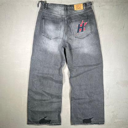 HMDD Black Wash H Star Rhinestone Baggy Denim Jeans Size Large USED x18950