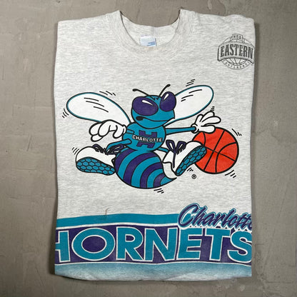 1990s Charlotte Hornets NBA Wrap Around AOP Grey Crewneck Size Large USED v20134