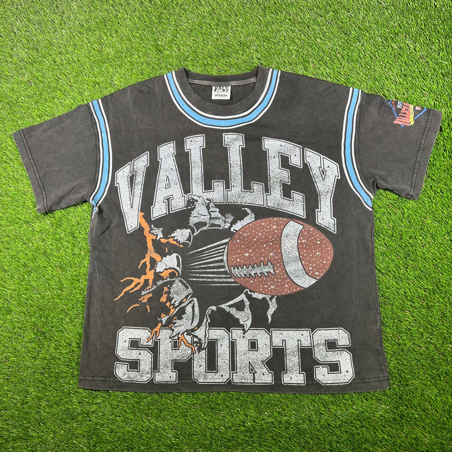 Vale "Vale Sports" Washed Black Rhinestone Football Tee Size Medium NEW x14994