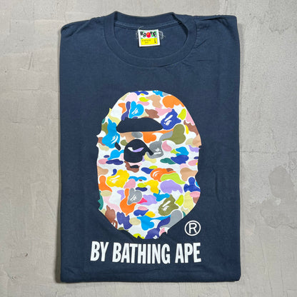 Bape Multi Color Camo Ape Head Navy Blue Tee Size Large USED x17994