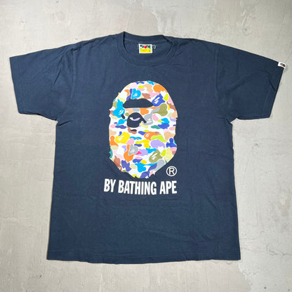 Bape Multi Color Camo Ape Head Navy Blue Tee Size Large USED x17994