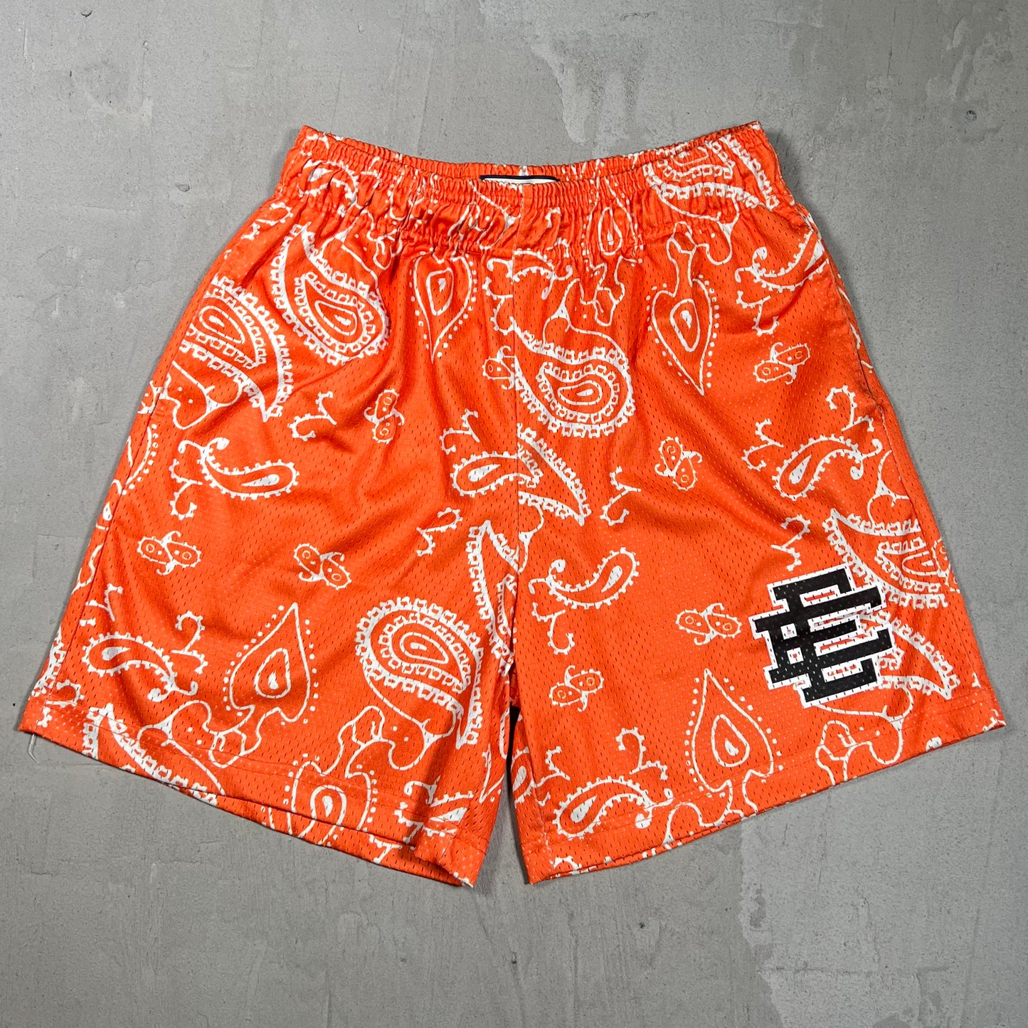 Eric Emanuel Orange Paisley Shorts Black Logo Size Medium USED x17872