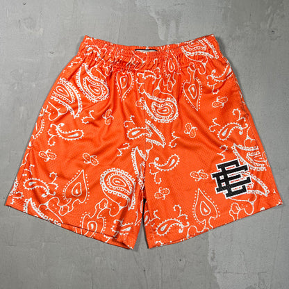 Eric Emanuel Orange Paisley Shorts Black Logo Size Medium USED x17872