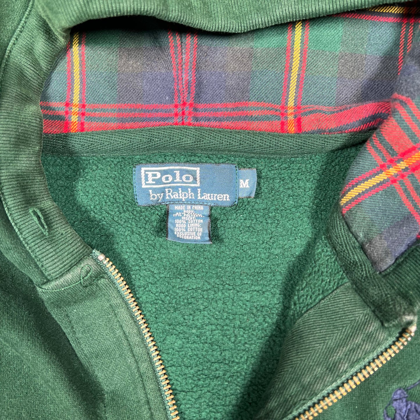 Y2K Polo Ralph Lauren Flannel Hoodie Green Zip Up Hoodie Size Medium USED v19863
