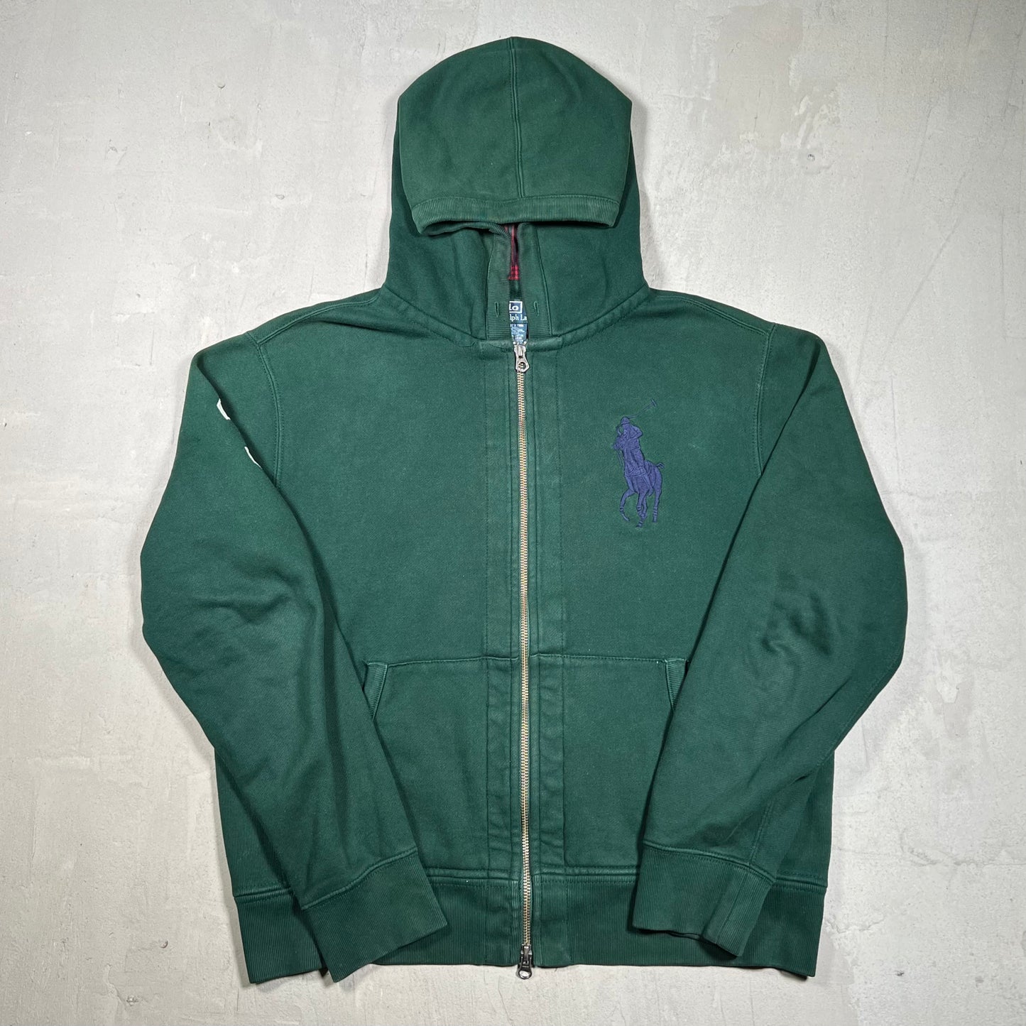 Y2K Polo Ralph Lauren Flannel Hoodie Green Zip Up Hoodie Size Medium USED v19863